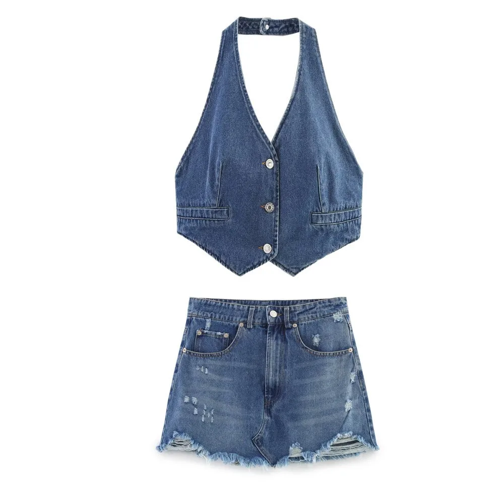 Maxdutti 2026, Conjunto de Dos Piezas de Verano, Top de Mezclilla con Espalda Descubierta y Minifalda, Ropa de Mujer, Traje de Mujer, Ropa Mujer
