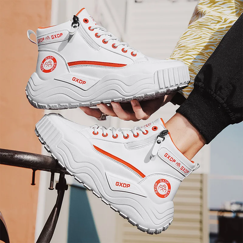 Men High Top White Leather Sneakers A/W 2026, Thick Sole Height Boost Non-slip Durable All-match Daily Casual Sports Shoes view 4