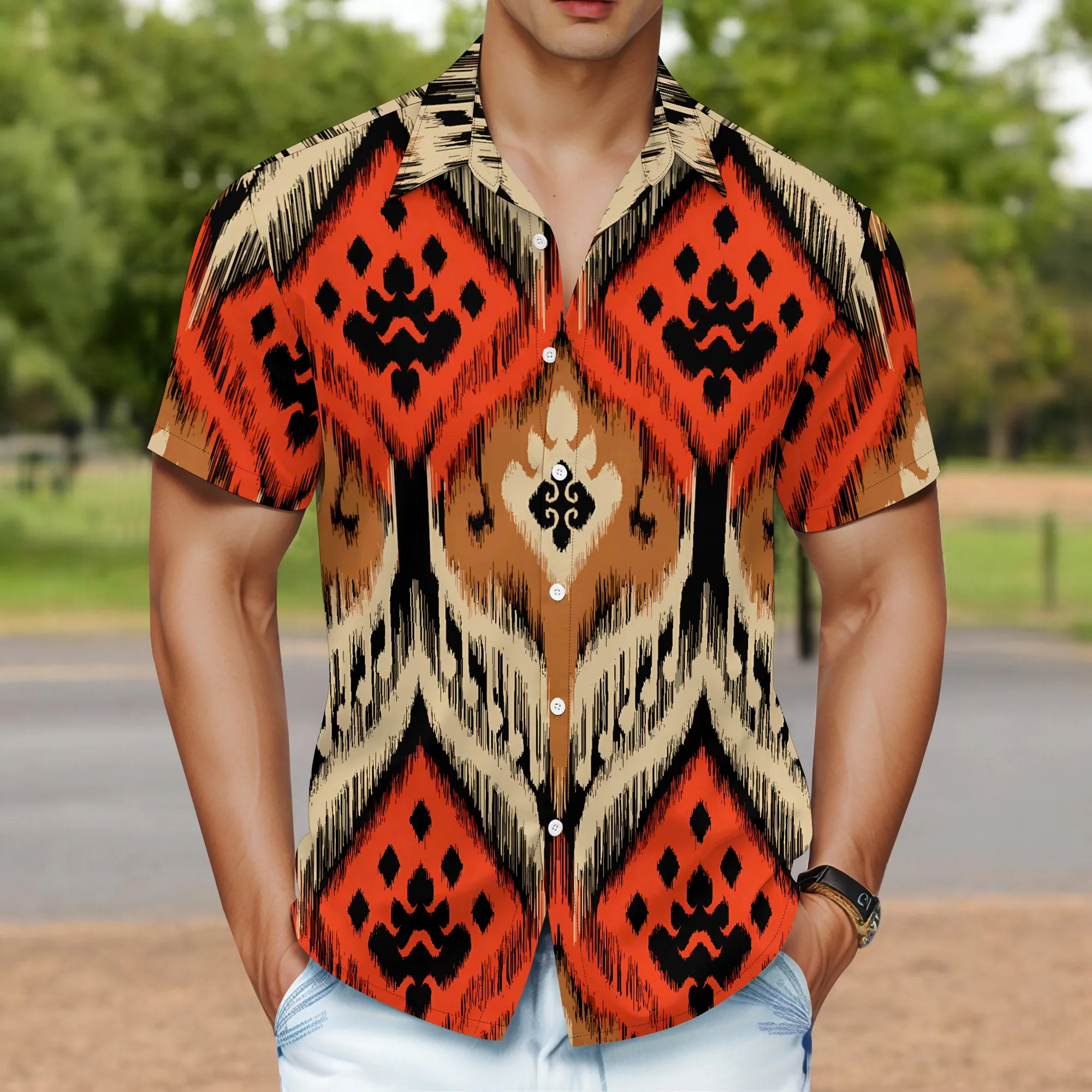 YEAE Ikat Pattern Print Shirt for Men Summer Casual Short Sleeve Top