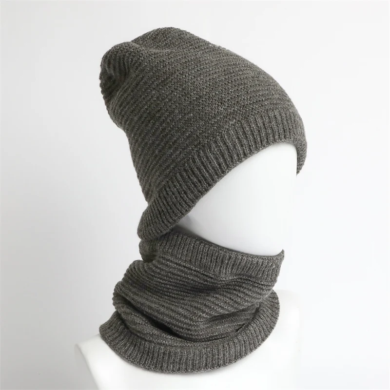 Simple Winter Knitted Women Cap Ring Scarf Set Men Warm Thick Plush Beanies Collor Outdoor Ski Full Face Mask Hat Muffler