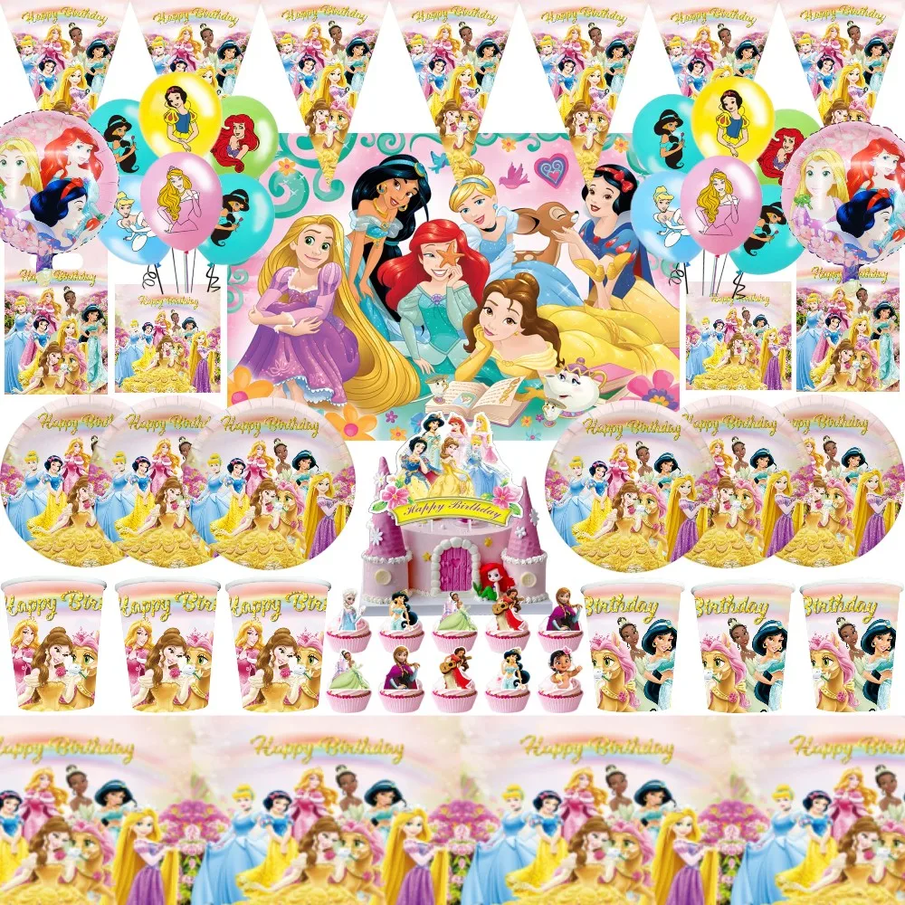 Disney Princess Birthday Party Decoration Kids Disposable Tableware Backdrops Balloons Baby Shower Girls Birthday Party Supplies