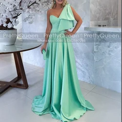 Customized Long Bridesmaid Dresses Pleat A Line Sleeveless Bow One Shoulder Mint Green Satin Women Wedding Party Dress