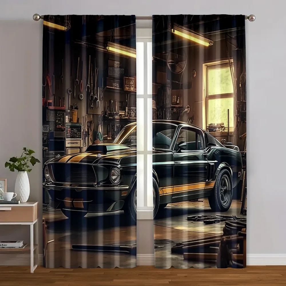 Vintage Garage Car Showroom Curtain Black and Gold Classic Muscle Car Automotive Decor Window Curtain