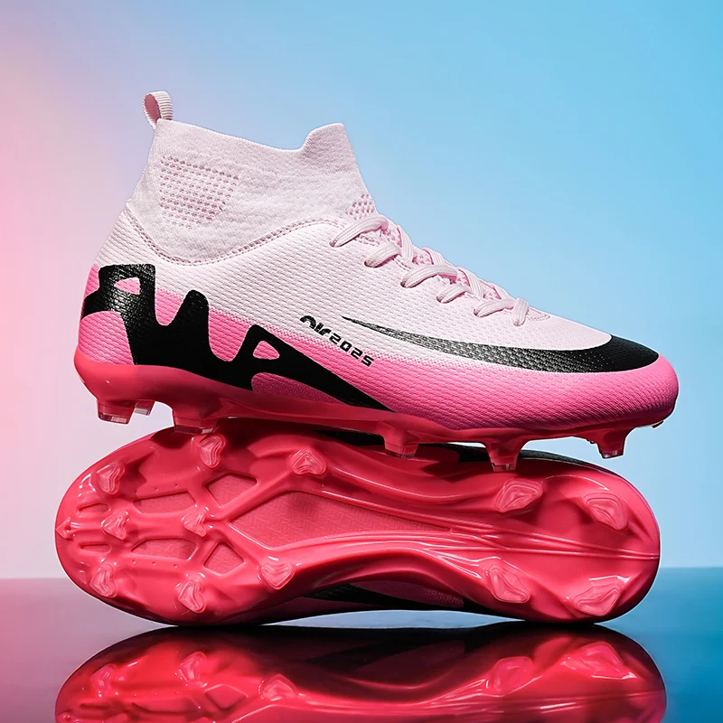 

Hot Selling Pink Football Boots Man High Top Lace-up Children's Football Shoes Outdoor Non-slip Soccer Shoes For Men Futsal Boot