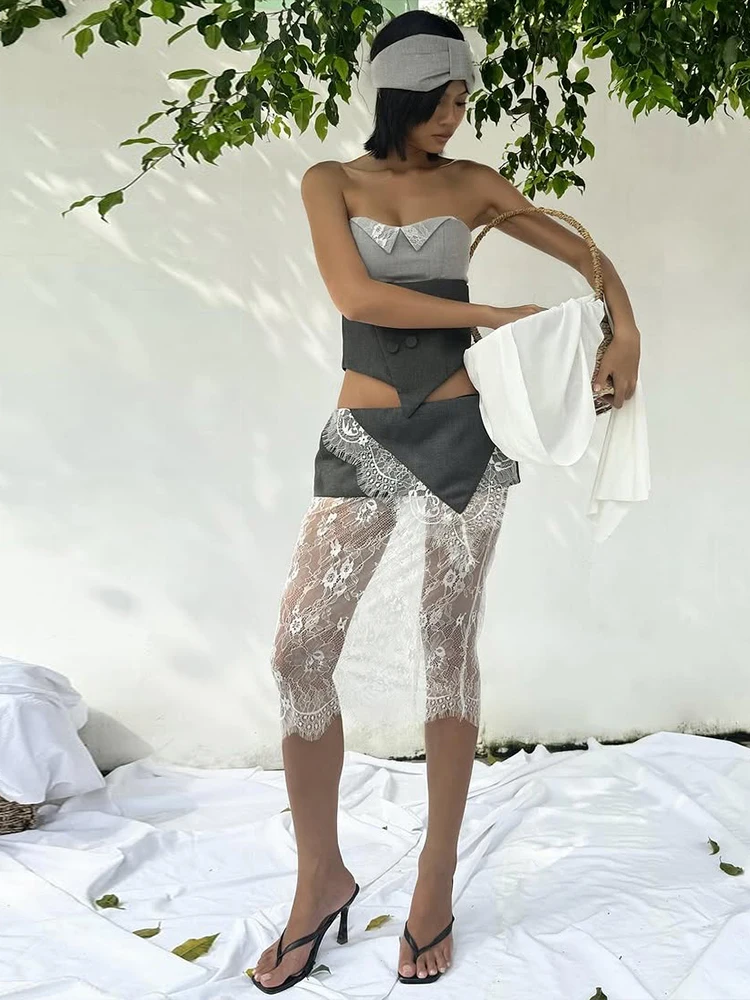 Nibber Hottie Patchwork 2-Teiliges Set Frauen Trägerlosen Taste Unregelmäßigen Saum Top + Spitze Jacquard Rock Sexy Dünne Mode outfits