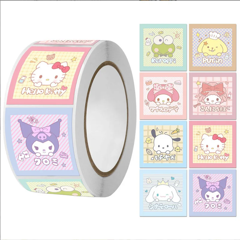 500Pcs/roll Sanrio Sticker Kawaii Hello Kitty Kuromi Melody Cinnamoroll Cartoon Kids Reward Stickers Gift Decoration Decals Toys