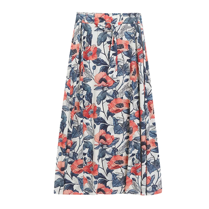 

Elegant Soft A-Line Midi Skirt High Waist Loose Fit Spring Summer Ladies Fashion Gentlewoman Style Polyester Blend Fabric