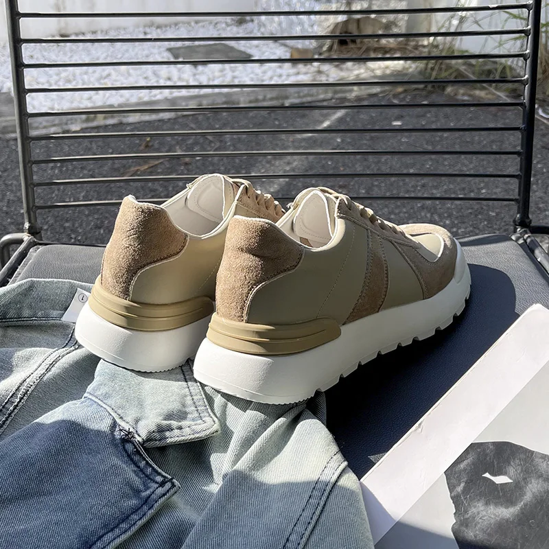 Baskets décontractées en cuir véritable pour homme - Couleur unie, chaussures d'extérieur et de skate_voghion.com