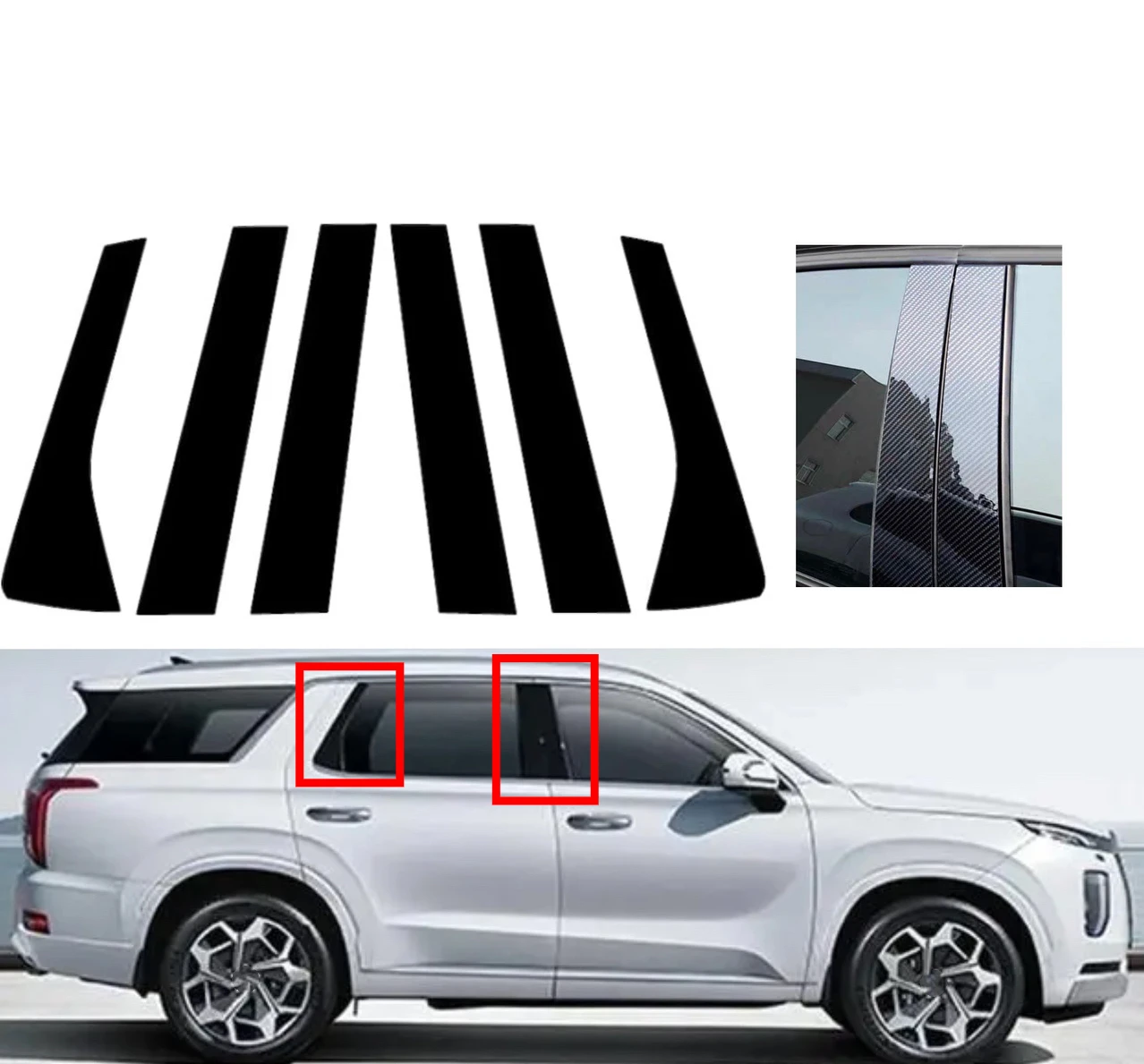 Glossy Black Silvery Carbon Window Trim Pillar Posts Decal Door Sticker Cover Fit For Hyundai Palisade 2020 2021 2022 2023 2024