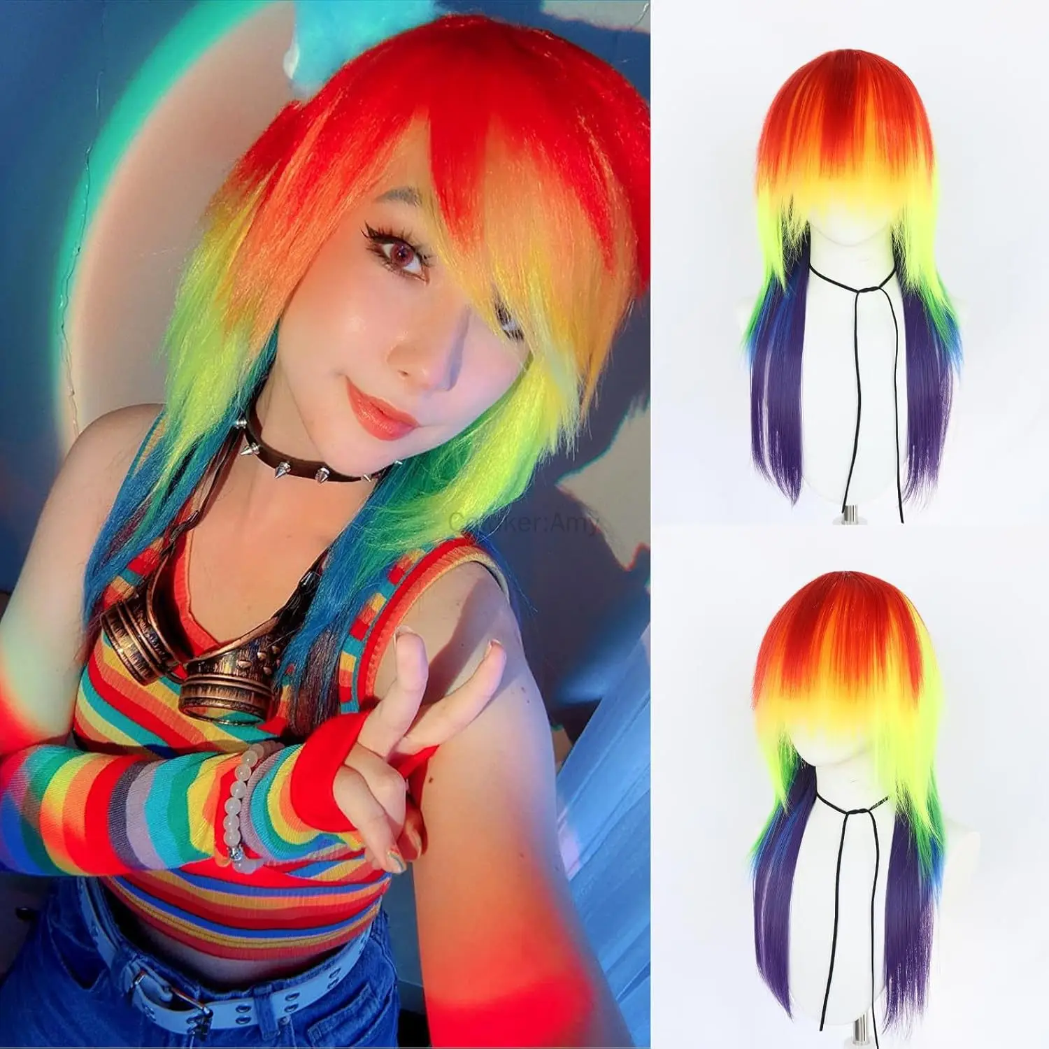 Rainbow Dash Wig Cosplay Long Straight Rainbow Synthetic Cosplay Wig for Halloween Christmas School Thanksgiving Day