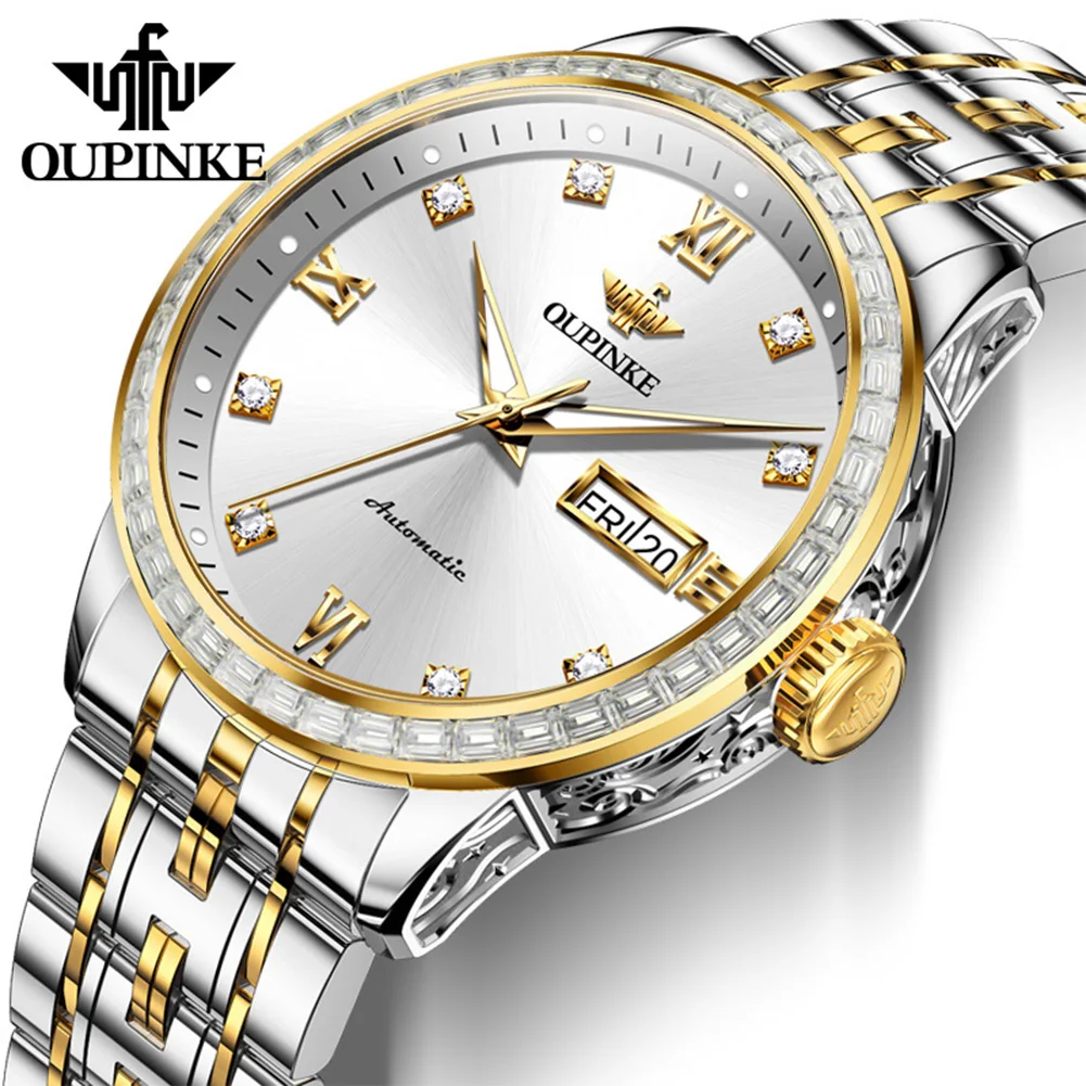 ساعات رجالية OUPINKE 3258 موضة الأعمال الأصلية ساعة ميكانيكية أوتوماتيكية للرجل الياقوت مرآة الماس الحافة تاريخ الأسبوع
