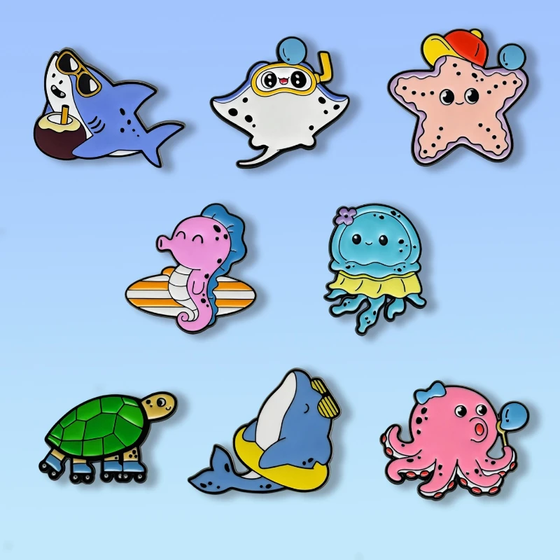 Cartoon Ocean World Theme Brooch Starfish Shark Seahorse Octopus Metal Badge Pin DIY Clothes Bags Hat Scarf T-shirt Accessory