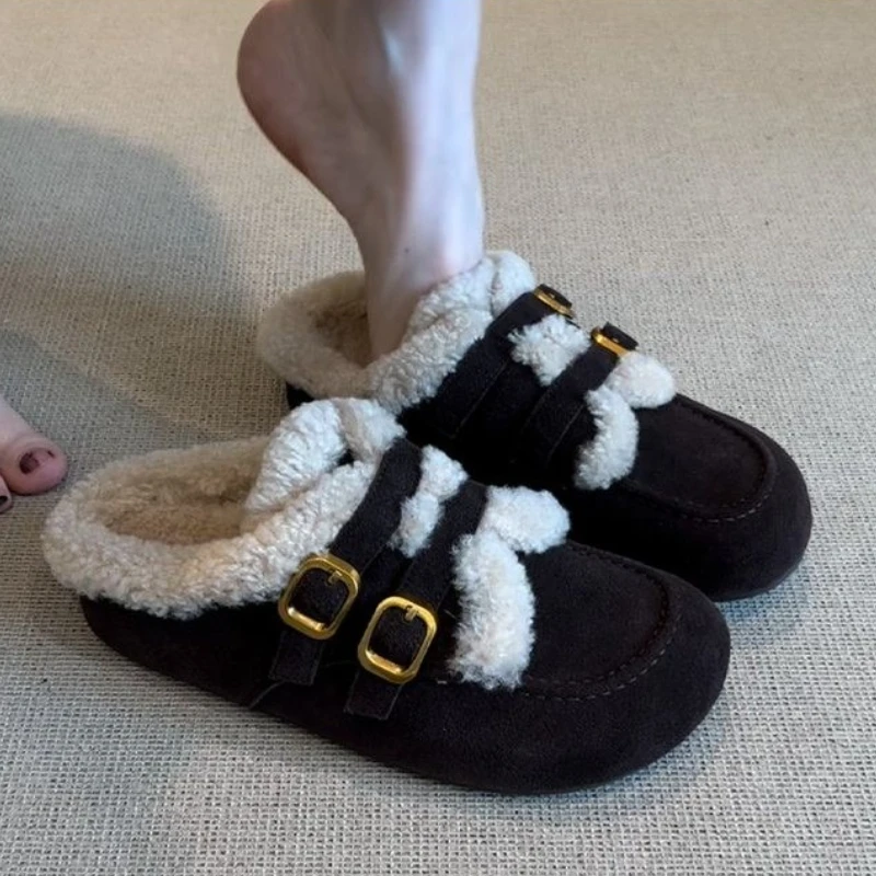 

Fur Women Slippers Flats Suede Snow Boots Fashion Slingback Mules Shoes 2025 Winter Warm Cozy Home New Brand Mujer Flip Flops