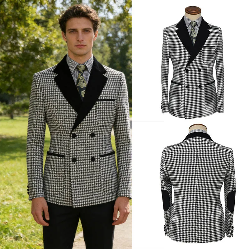 

Man Houndstooth Suit Jacket Collar Splicing Velvet Double Breasted Coat Business Casual Tailored Male Blazer