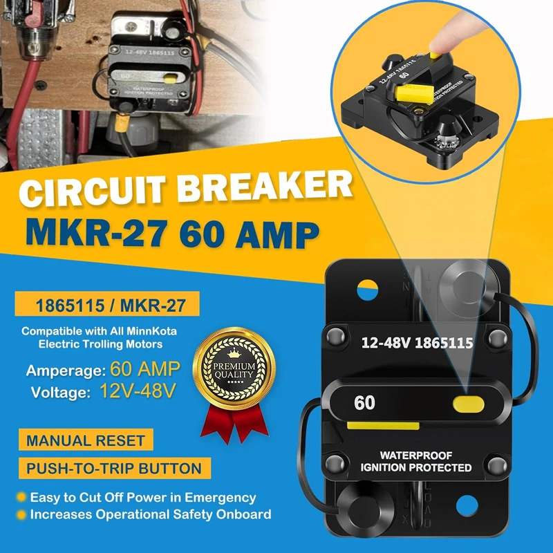 1865115 MKR-27 60 AMP Circuit Breaker & 1862051 MKA-55 Electric Steer Stabilizer Kit - for MinnKota Trolling Motors 12-48V