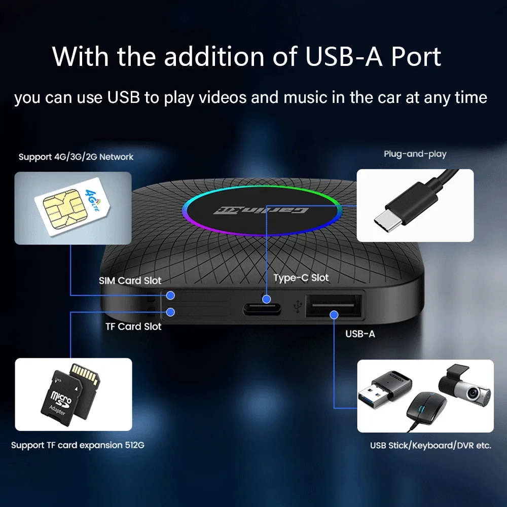 Carlinkit-Adaptateur sans fil Android 13, Carplay Ai Box, QCM, SDM, Auto, Prise en charge de la voiture, Netflix, Spotify, IPTV, Permanence 4G, 128 Go