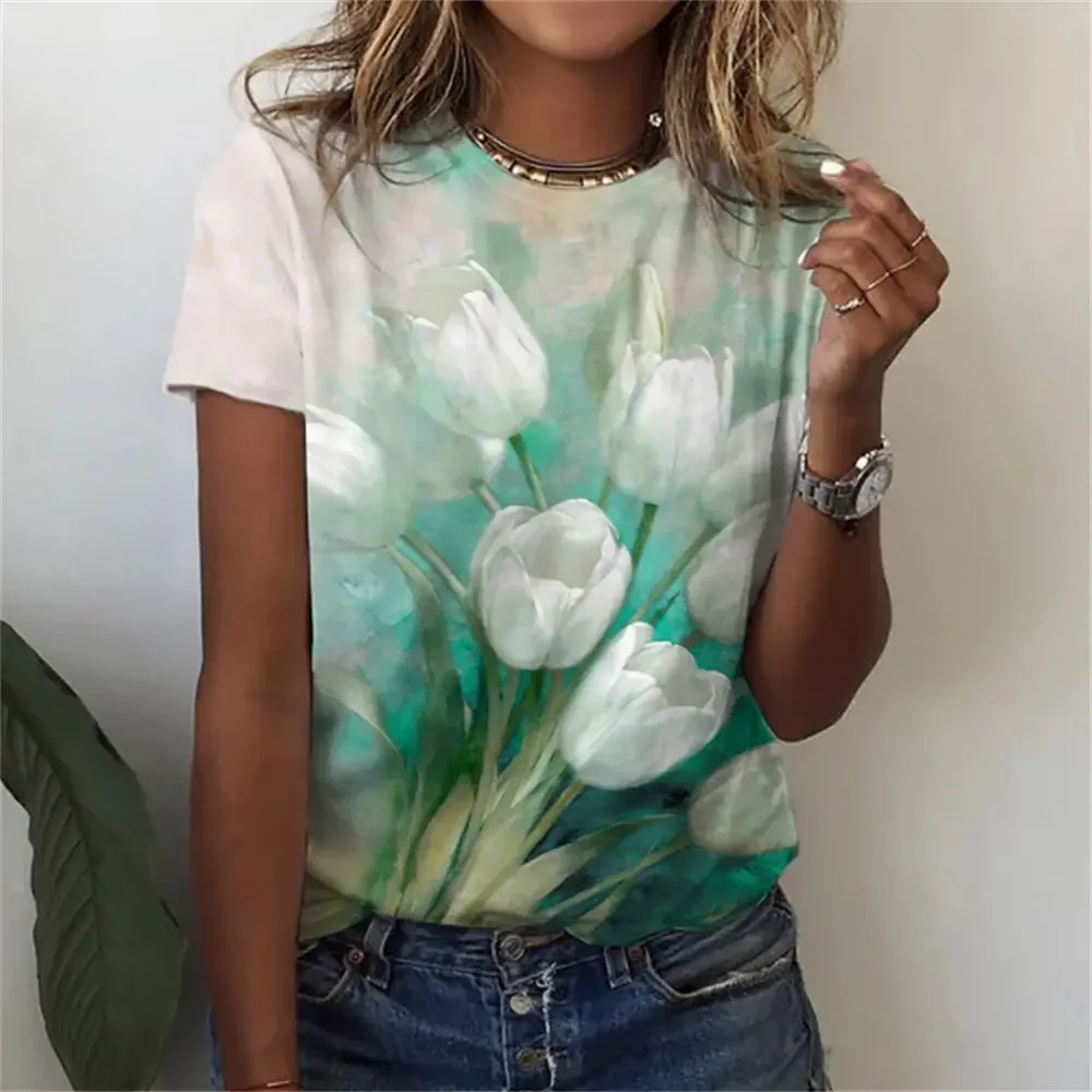 Camiseta floral 3D feminina com estampa, mangas curtas, camisetas na moda, roupas soltas, tops grandes, roupas Y2K, verão, novo