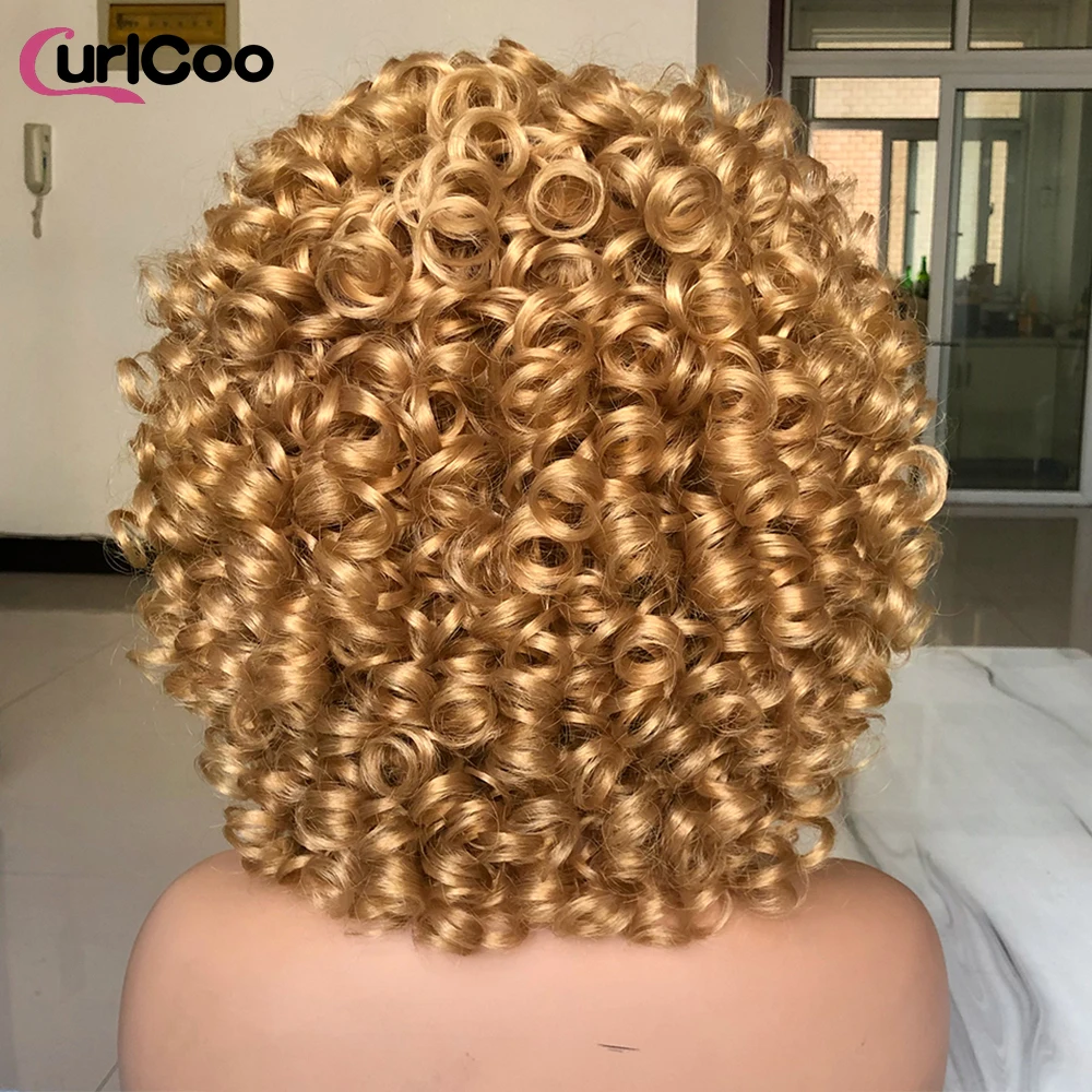 Short Hair Afro Curly Wig Natural Blonde Wigs with Bangs Fluffy Synthetic Ombre Cosplay Lolita Wigs For Black Women