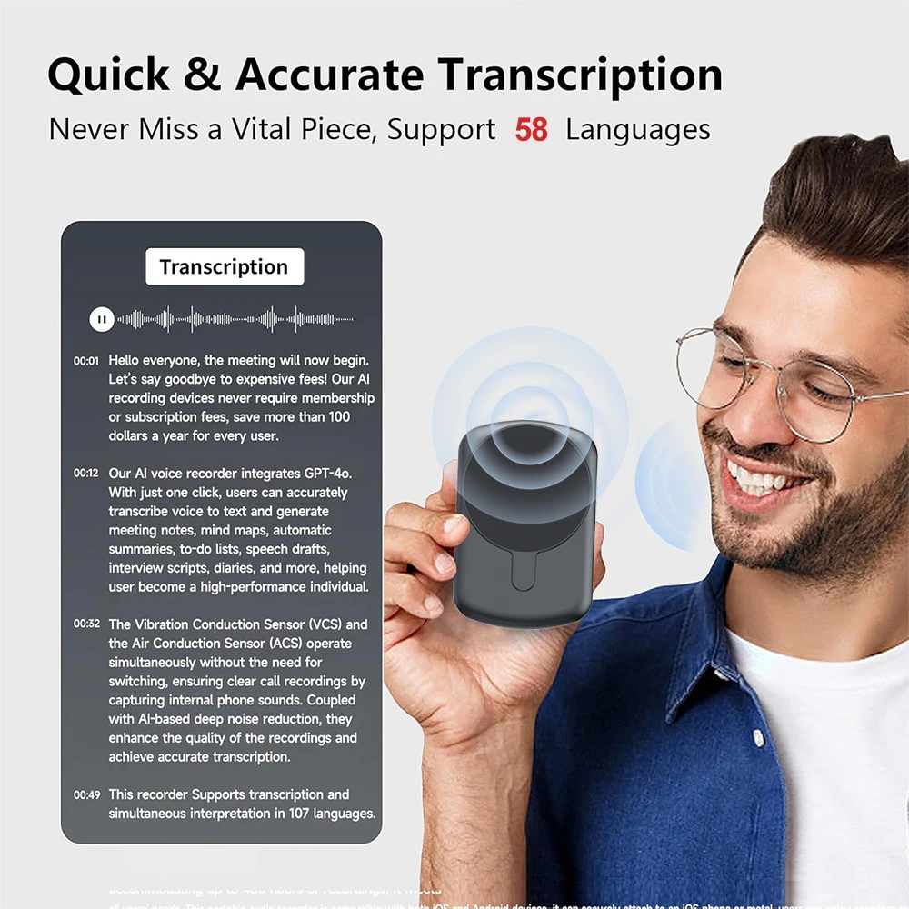 AI Intelligent App Phone Call Voice Recorder Real Time Recording Transcribe Summarize 58 Languages Translation Sound Dictaphone