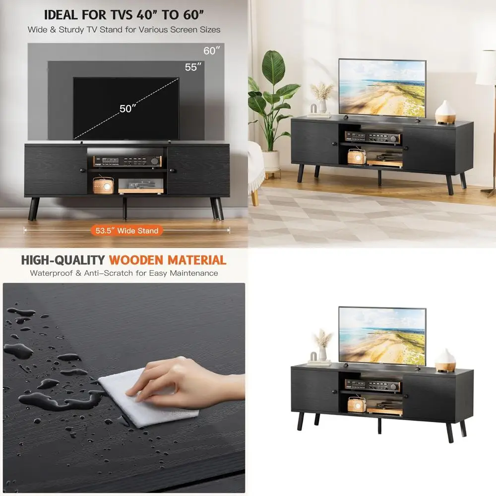 

Mid-Century Modern TV Stand for 55-60 TVs with Storage, Media Console, Black