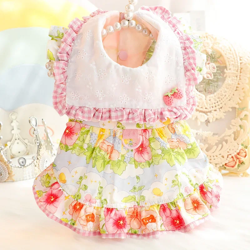 Puppy Dog Cat Clothing Pink Yellow Flower Print Lolita Party Dress For Small Medium Dog Fashion Thin Cotton Overalls Pet Clothes