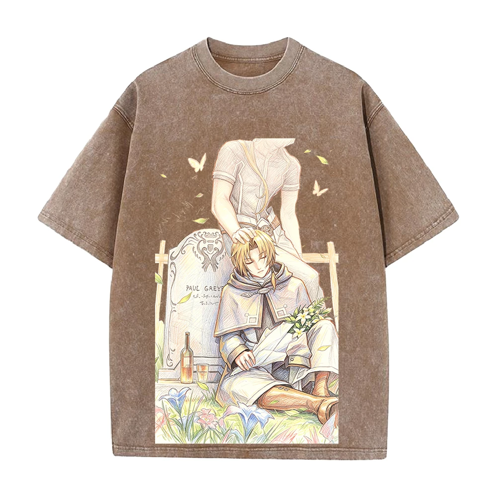 Mushoku Tensei Rudeus Paul Print T-shirt Men Women Short Sleeve Clothing Cotton Tshirt Vintage Washed T Shirt Casual Streetwear