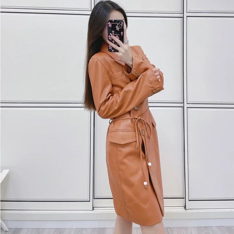 Imagem -03 - Jaqueta de Couro Real Feminina Moda Coreana Cinto Laranja Cabolsa de Couro Feminino Jaqueta de Couro Real Roupas Femininas Trench Coat Fcy1930