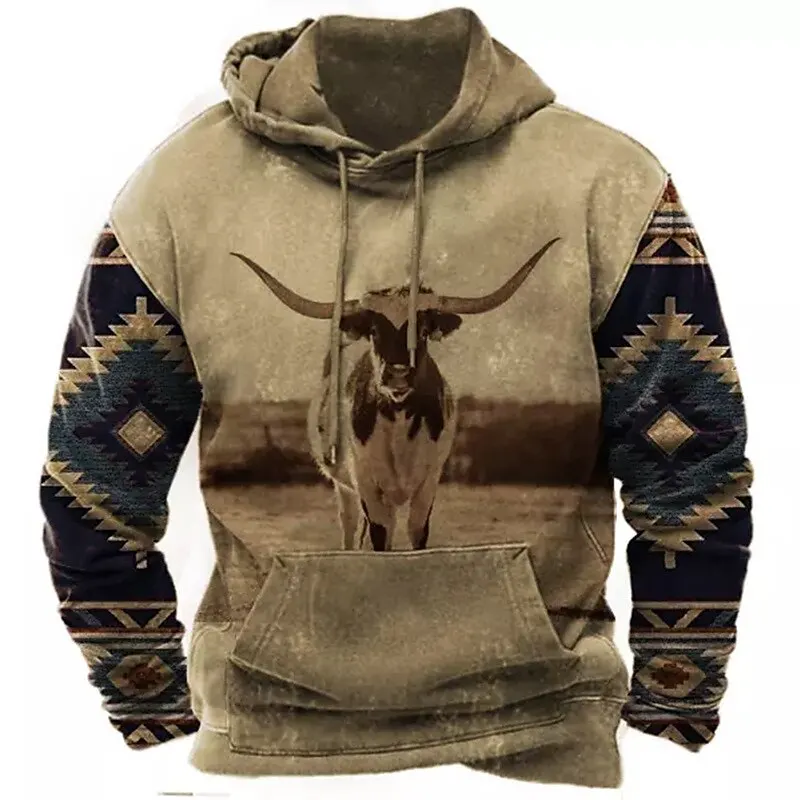 

Men's PulloverLong Sleeve Hoodie Sweatshirt Vintage Cowboy Buffalo Prints Spring & Fall For Men/Women Outerwear Streetwear