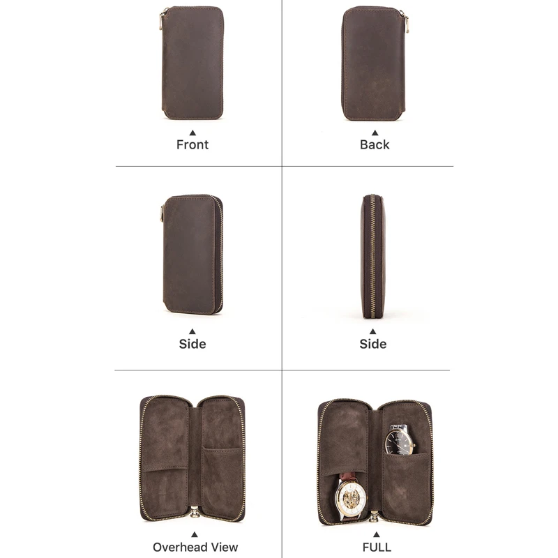 الصلبة البني خمر جلد البقر ووتش حالة 2-فتحة ووتش التخزين المنظم مع إغلاق سستة حامل الساعات المحمولة الحقيبة #3