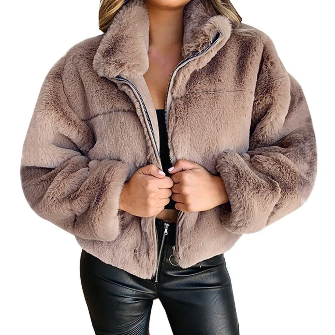 Women's Winter Female Thick Loose Fit Solid Color Stand Collar Long Sleeve Zipper Jacket with Multiple Pockets Woman Cropped