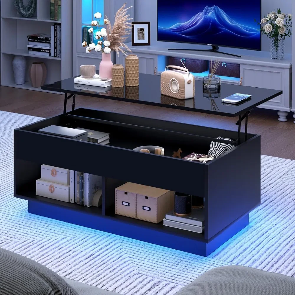 LED Coffee TableLift Top Coffee Tables with Storage Morden High Gloss 4 Tiers Black Table Center Tables Sofa Hidden Compartment