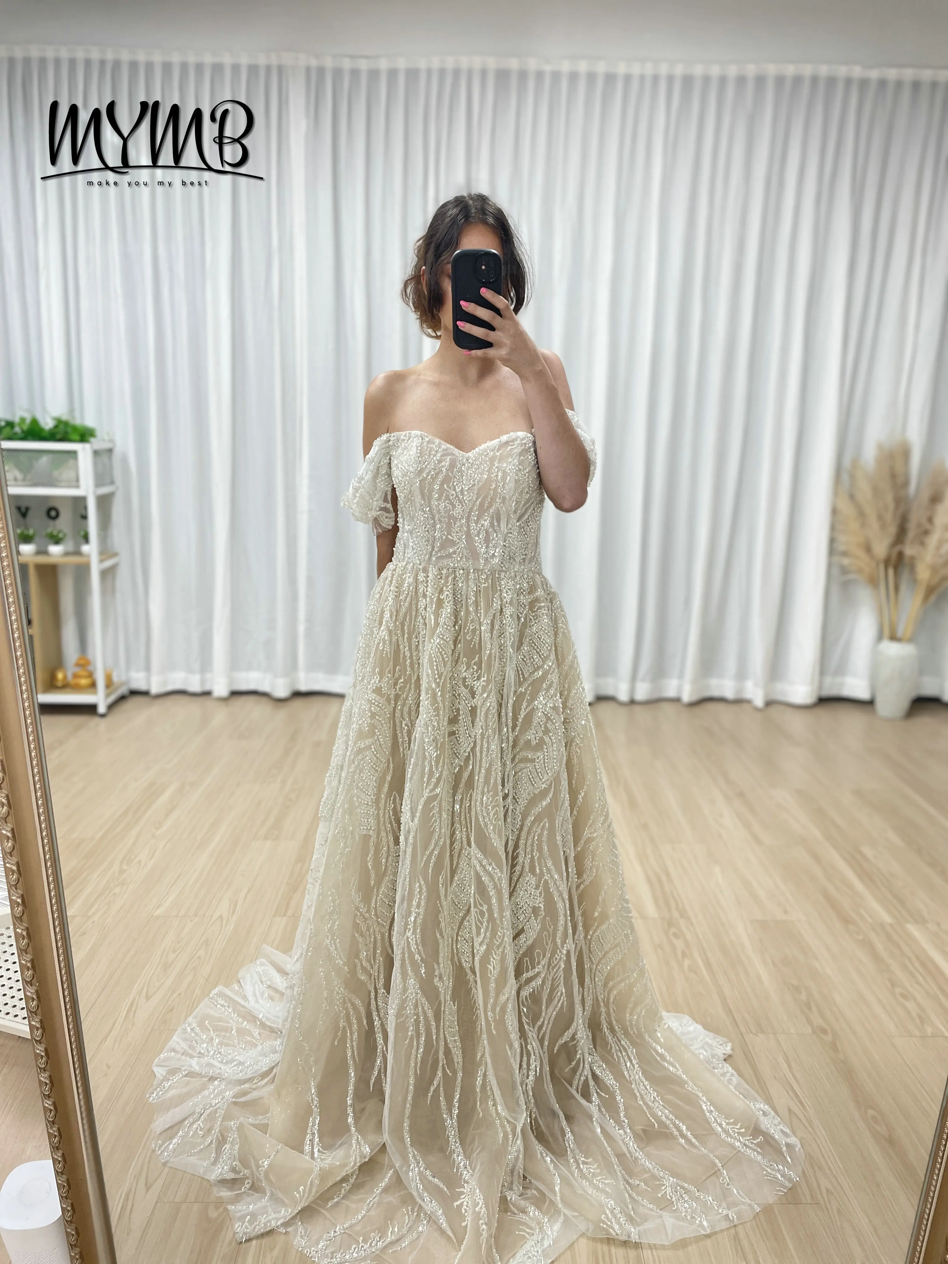 MYMB Elegant Beaded Plus Size A-Line Ivory Wedding Dresses for Bride Off Shoulder Sleeve Sweetheart Green Dress Women MY20005-2