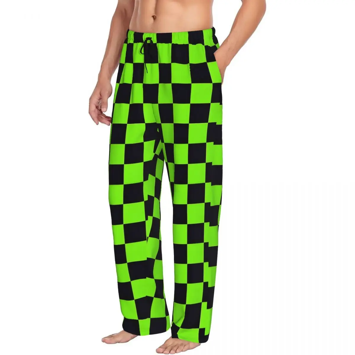 Custom Printed Men's Checker Pajama Pants Green And Black Sleepwear Sleep Lounge Bottoms with Pockets