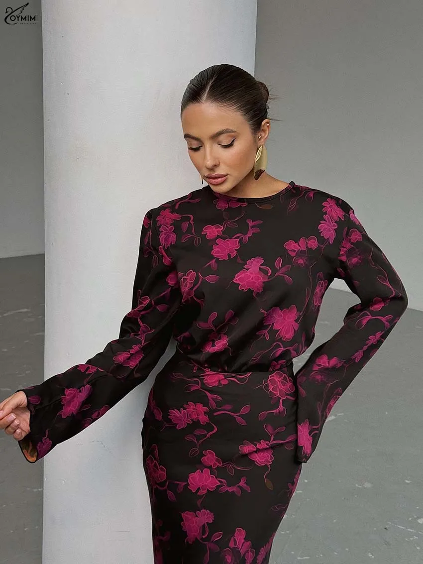 Oymim エレガントなダークブラウンプリントツーピース衣装女性のファッション O ネック長袖ボタンブラウスと床の長さのスカートセット