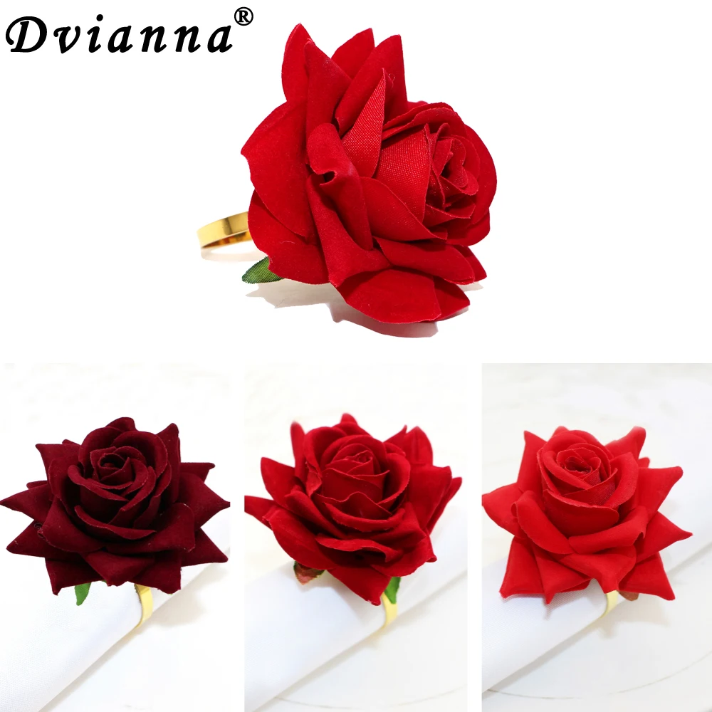 20Pcs Artificial Rose Velvet Flowers Napkin Rings Red Fake Roses Flower Napkin Rings for DIY Bouquet Decor Wedding Decor HWW01