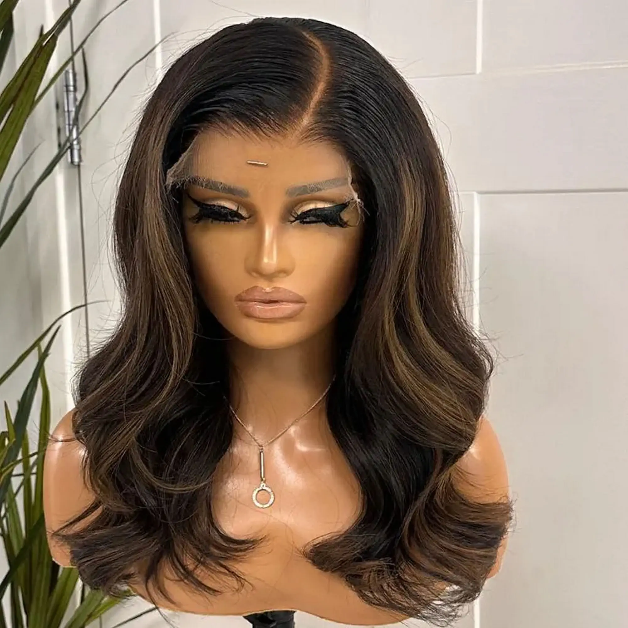 Ombre Dark Brown Body Wave Synthetic Lace Frontal Wigs Blonde Highlights Premium Fibre Adjustable Glueless Wigs Shoulder Length