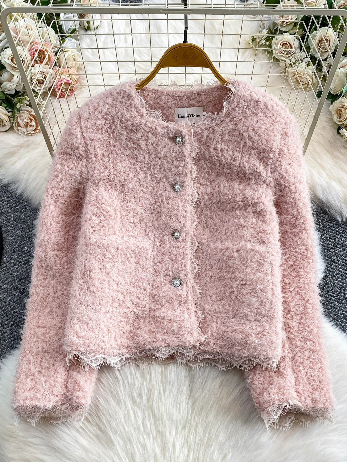 

ort Outerwear Women's round Ne Lamb Fur Lace Patchwork Gentle Sle Top High-End Sensation Busin Lady