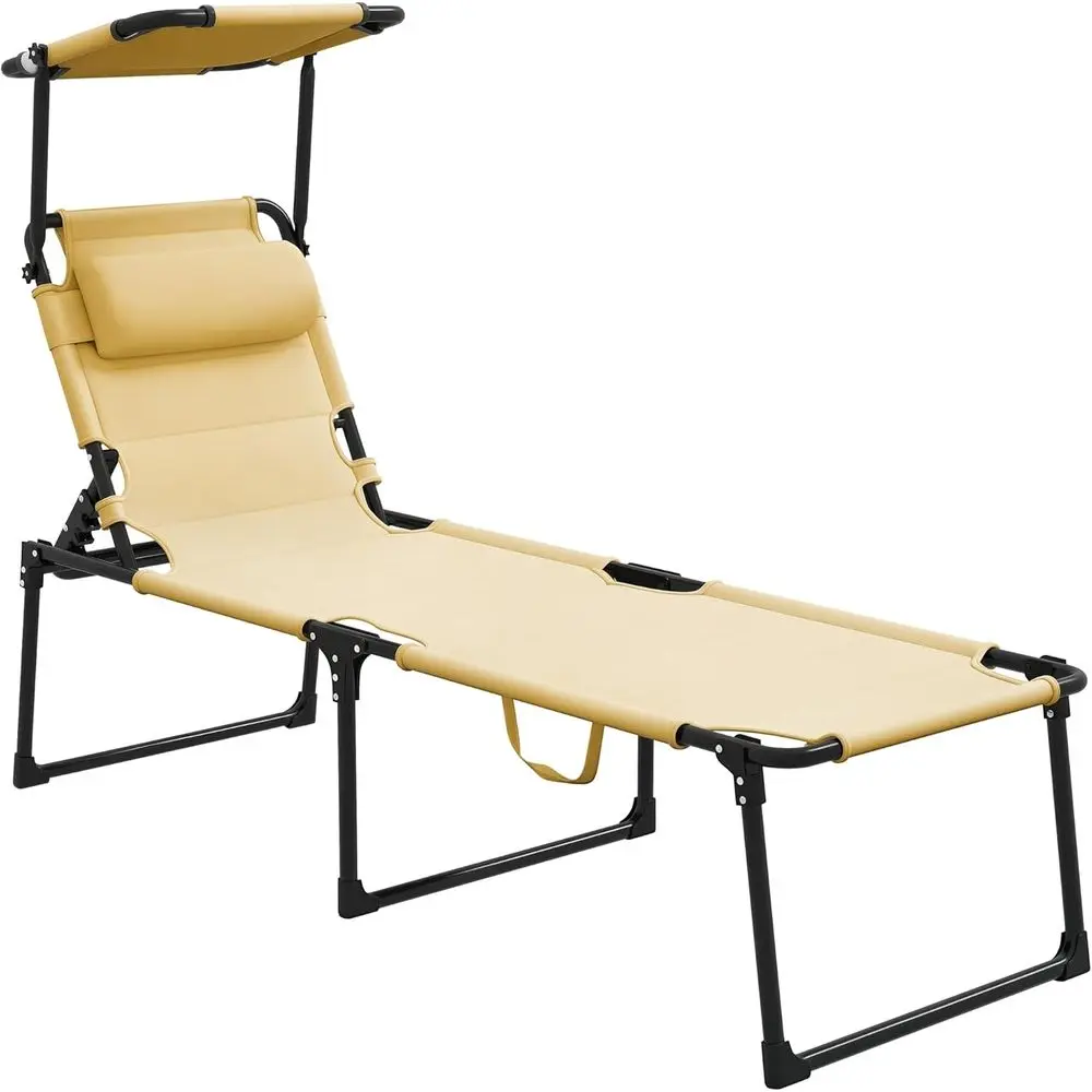 

Cushioned Adjustable Chaise Lounge Chair with Sunshade and Pillow for Outdoor, Beach, and Camping - Cream White