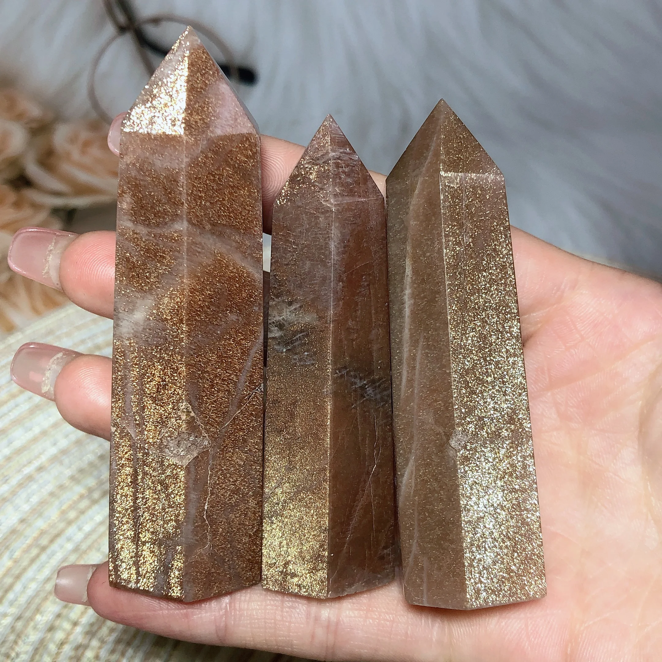 

Natural Crystals Sunstone Mixed Moonstone Tower Golden Flash Reiki Healing High Quality Home Decorations Room Decor Energy Gift