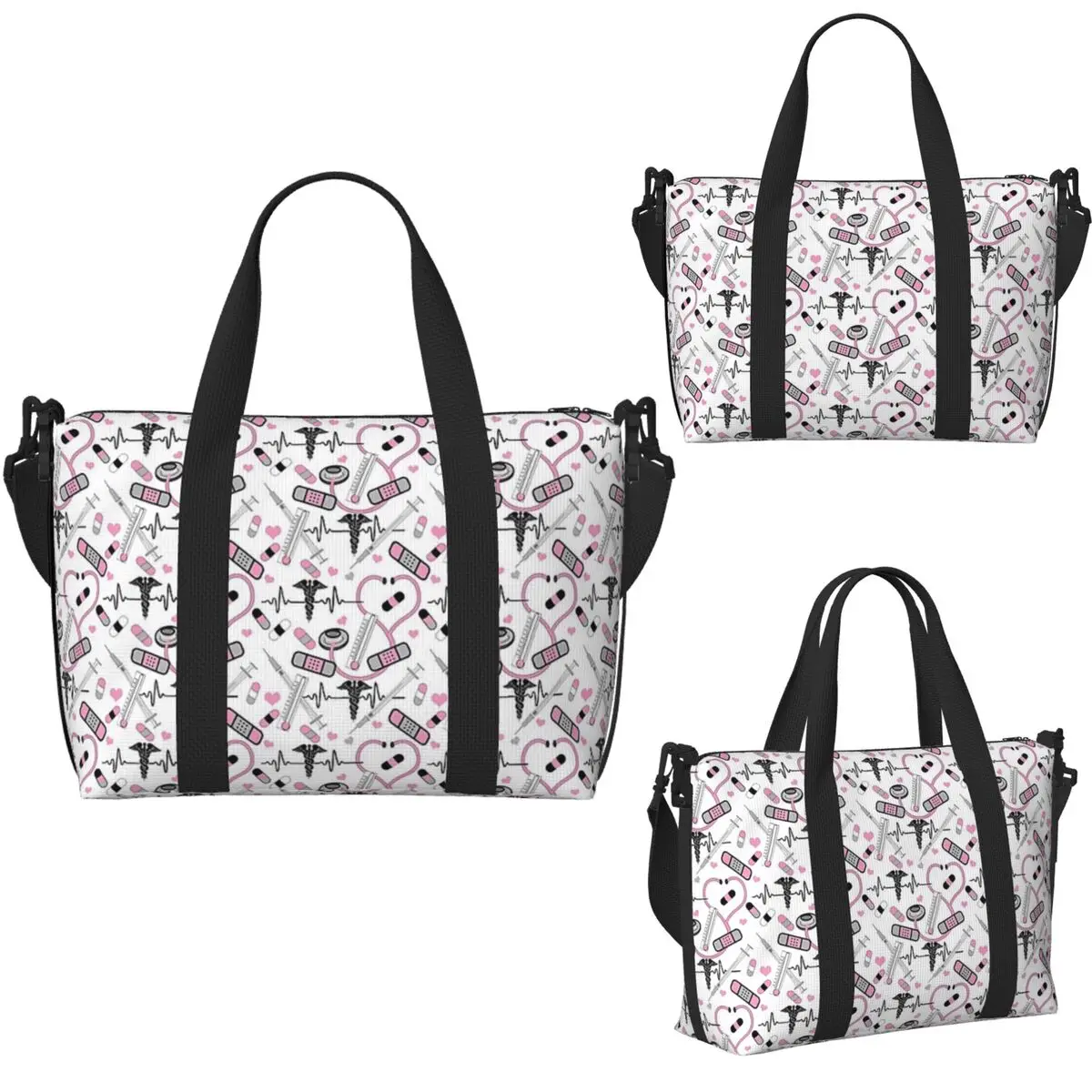 Bolsa de viaje de playa con patrón de EKG de enfermera y médico con estetoscopio bonito personalizado, bolsas de mano para gimnasio, Yoga, bolso de compras para mujer