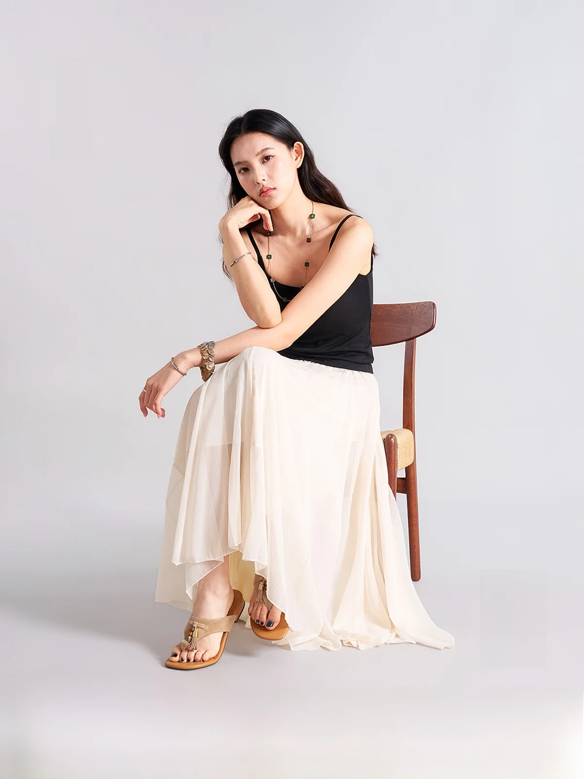 

Elegant Asymmetrical A-Line Skirt Draped Loose Elastic Waist Polyester Fiber High Waist Spring Season Women's Fashion Skirt
