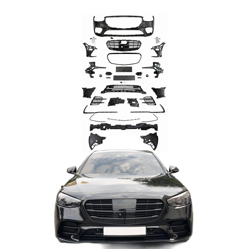 Car Front Bumper Body Kit for S Class W223 Regular Upgrade to Sport Style Retrofit 2021- Glossy Black Chrome