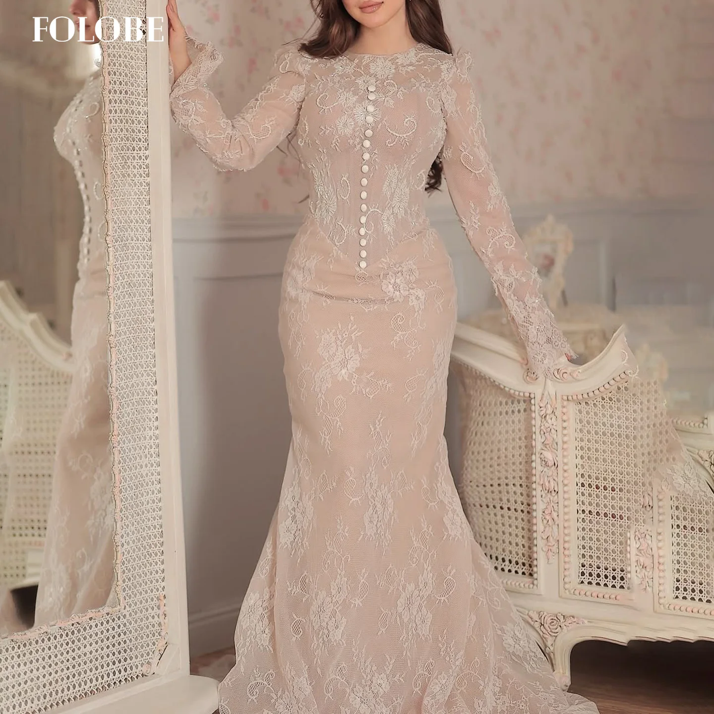 

FOLOBE розовые кружевные вечерние платья элегантные платья русалки с круглым вырезом и длинными рукавами для женщин свадебное платье по индивидуальному заказу
