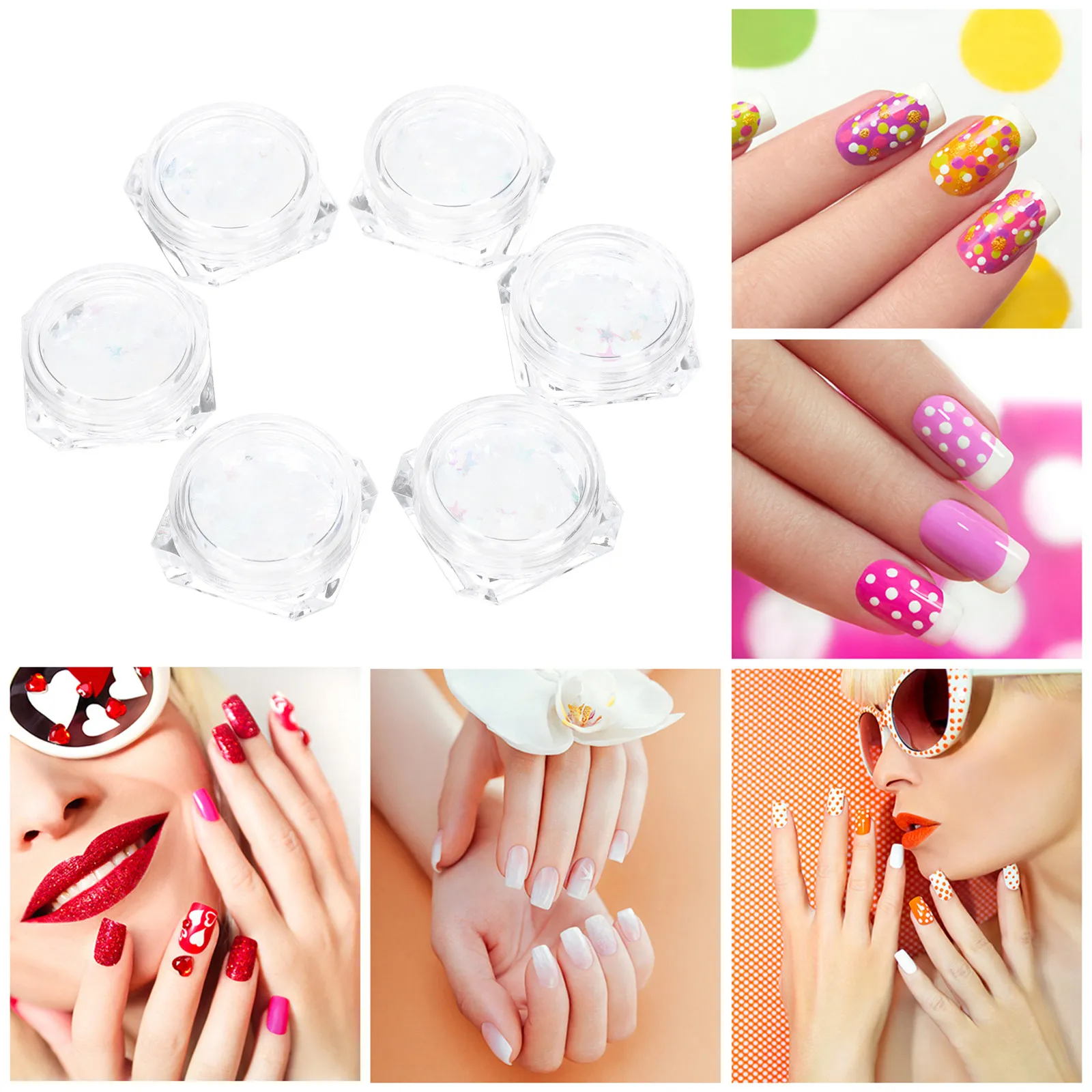 6 Boxes Delicate Nail Art Sequins Shiny Heart Star Design Easy Apply Natural Artificial Nails DIY Nail Decor Manicure Ornament