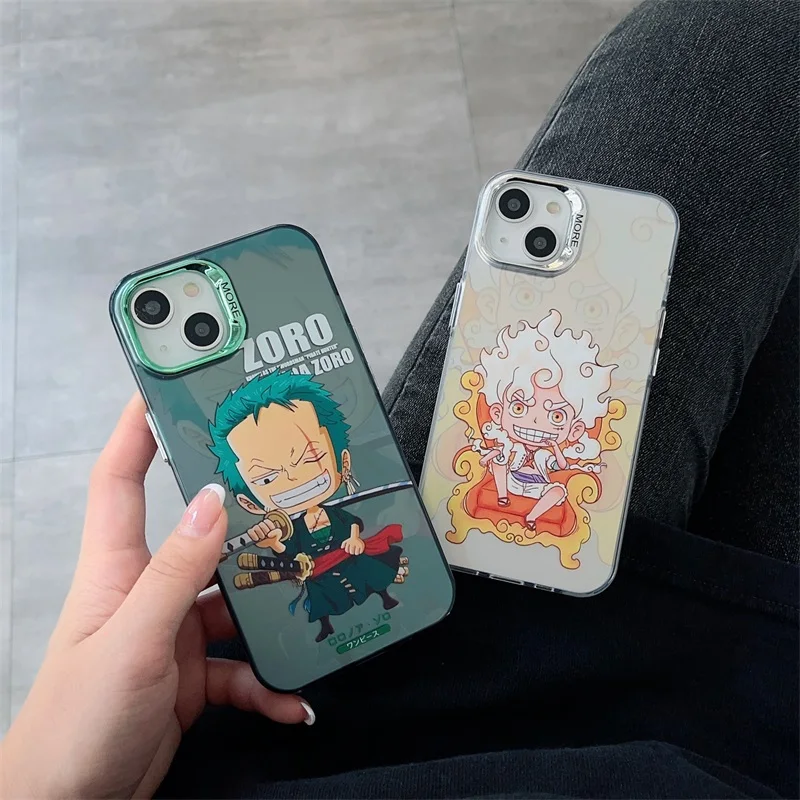 Cute O-One Piece Monkey D. Luffy Roronoa Zoro Nika Anime for IPhone 11 12 13 14 15 Pro Max Plating Lens Shockproof Back Cover