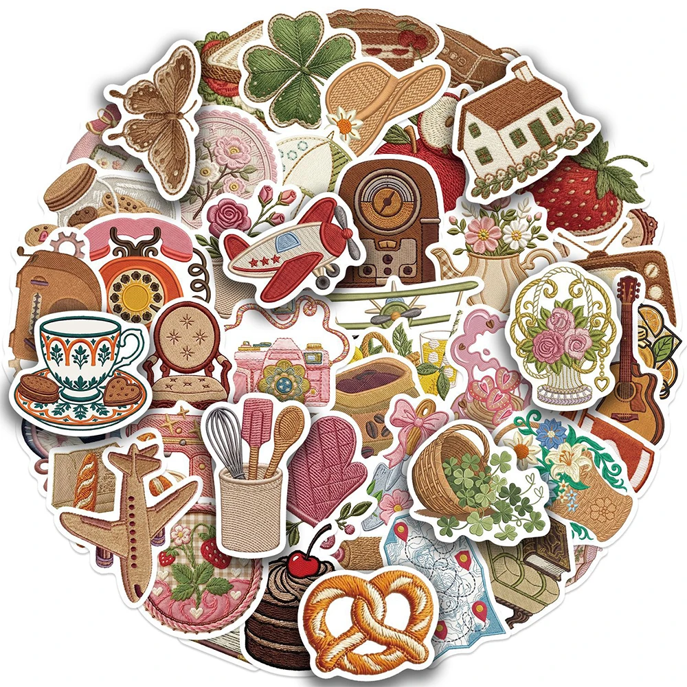 10/30/50pcs Cute Retro Embroidery Pattern Cartoon Stickers Funny Graffiti Decals DIY Notebook Guitar Laptop Waterproof Sticker