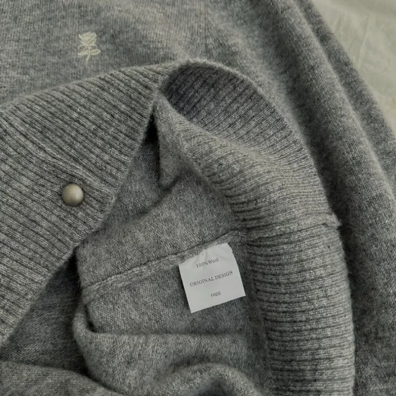 Cardigan de malha de outono com laço bordado coreano para mulheres jaqueta suéter solta