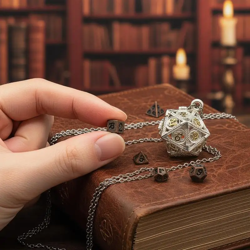 1 Set 20-sided Hollow Metal Dice Necklace DND Hollow Metal Dice Torque Mini Exquisite Polyhedral Dice Necklace