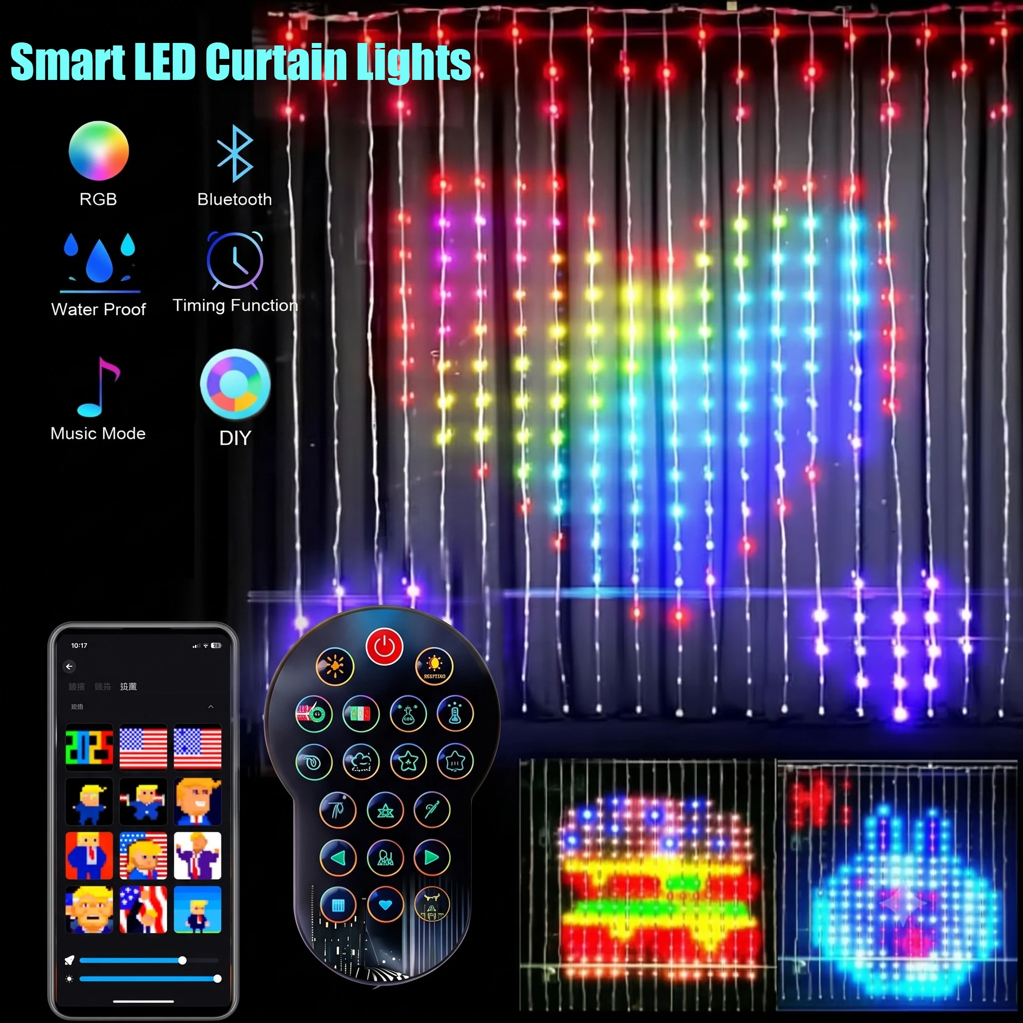 LED Smart Curtain Lights New Year's garland App RGB Fairy Lights DIY Music Change Display for Window Christmas Room Decoration