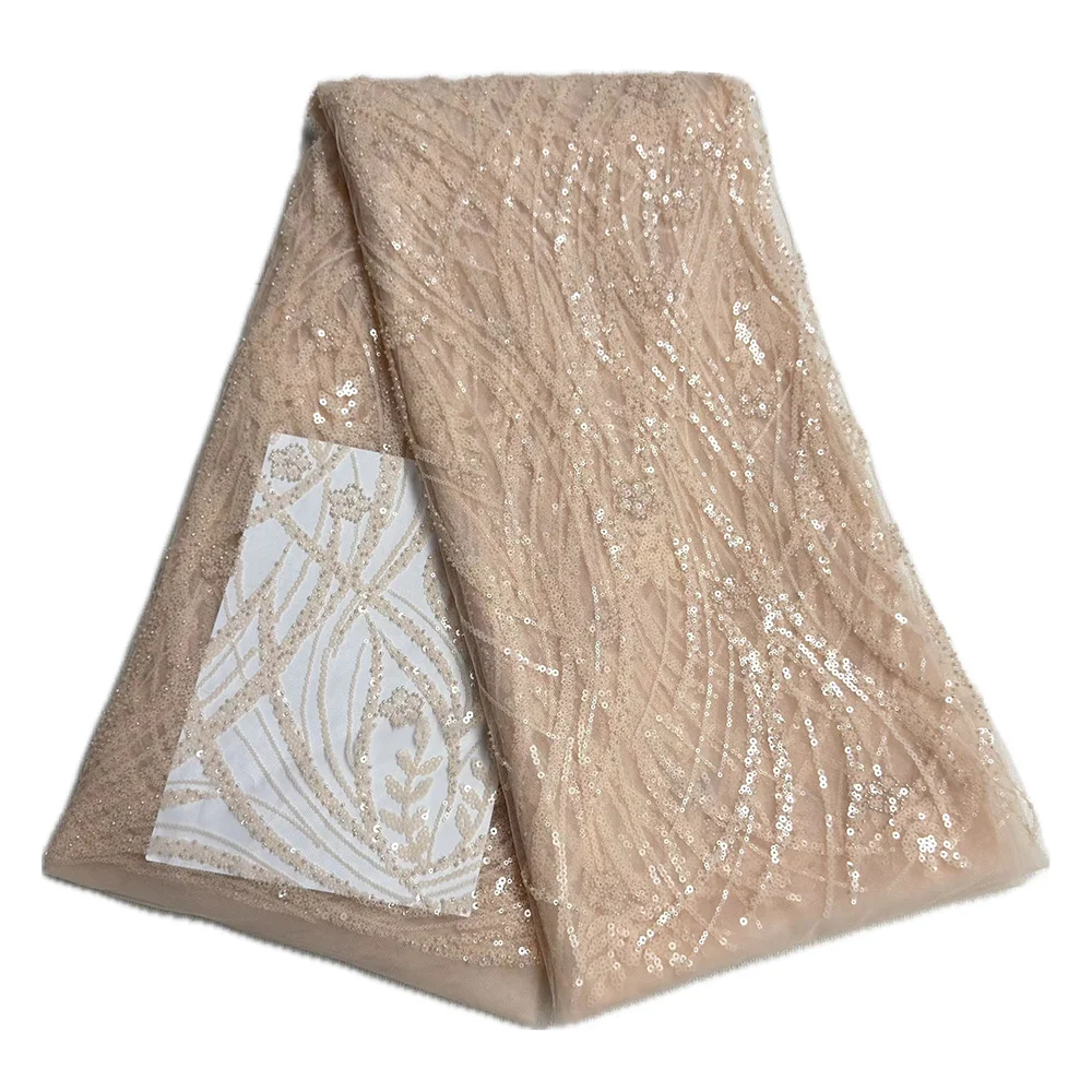最新の高級スパンコールビーズ付きレース生地、フランス製メッシュチュール素材、5ヤード、縫製、結婚式、イブニングドレス、女性用ビーズレース